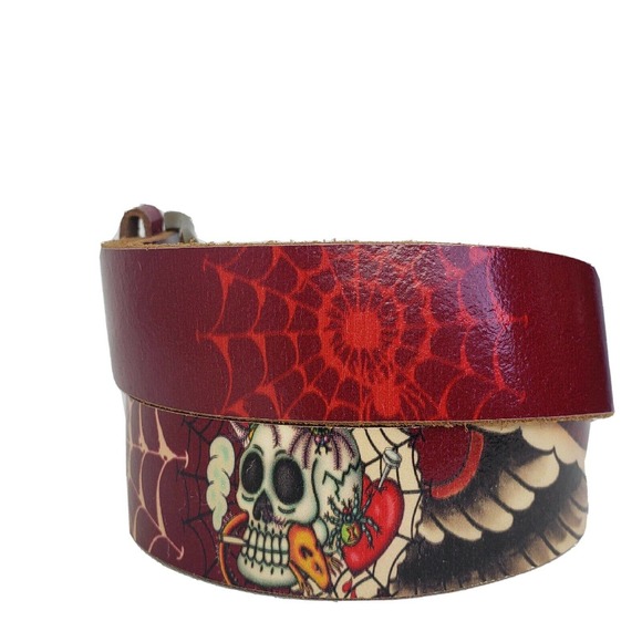 Ed Hardy EH1101K Love Kids Burgundy Leather Belt Size XL Skull Webb Wings